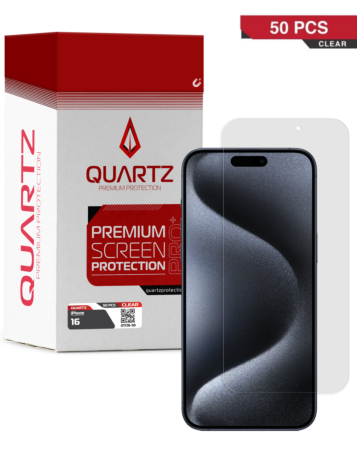 Shop the QUARTZ clear tempered glass for iPhone 16 in a pack of 50.