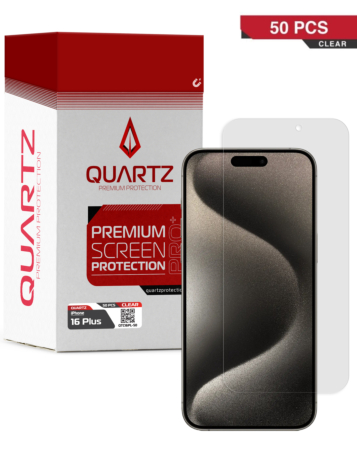 Stock up on the Quartz Clear Tempered Glass for iPhone 16 Plus Pack of 50.