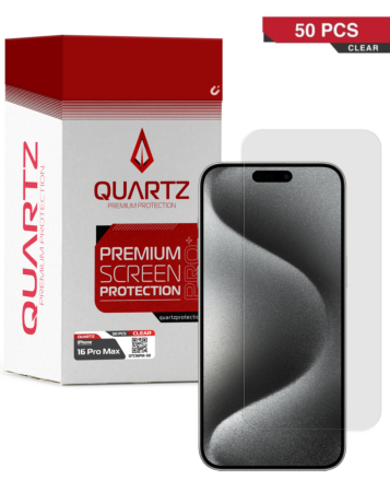 Order the Quartz Clear Tempered Glass for iPhone 16 Pro Max in a pack of 50.