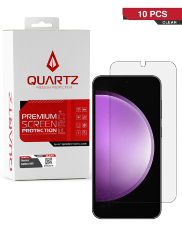 Purchase the QUARTZ clear tempered glass for Galaxy S23. Pack of 10.