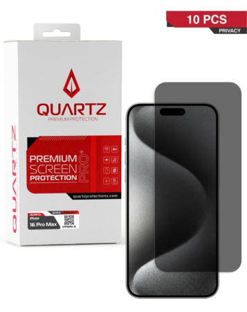 Buy the Quartz Privacy Tempered Glass for iPhone 16 Pro Max in a pack of 10.