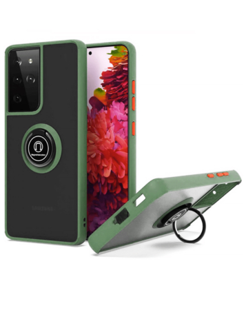 Galaxy S21 Ultra Hard PC Rear / Soft TPU Colorful Border Case with I-ring Holder - DARK GREEN (Only Ground Shipping)
