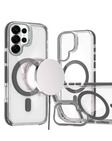 Thin Magnetic Clear Case with Camera Stand Kickstand -BLACK  for Galaxy S26 Ultra (Only Ground Shipping)