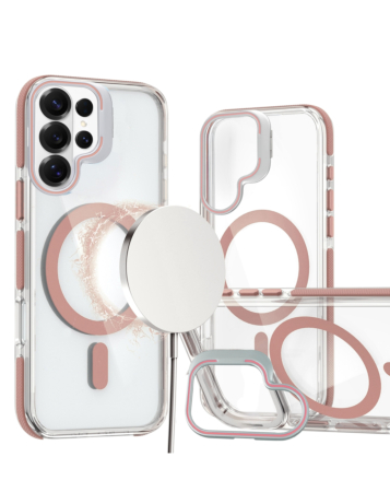 Thin Magnetic Clear Case with Camera Stand Kickstand - PINK  for Galaxy S26 Ultra (Only Ground Shipping)
