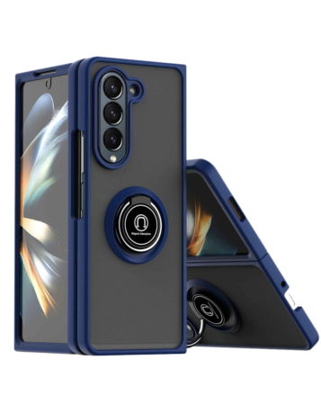 Galaxy Z Fold 6 Hard PC Rear / Soft TPU Colorful Border Case with I - ring Holder - NAVY GREEN (Only Ground Shipping)