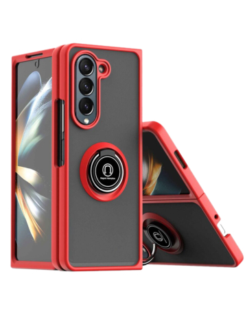 Galaxy Z Fold 6 Hard PC Rear / Soft TPU Colorful Border Case with I - ring Holder - RED (Only Ground Shipping)