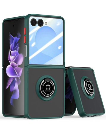 Galaxy Z Flip 7 Hard PC Rear / Soft TPU Colorful Border Case with I - ring Holder - DARK GREEN (Only Ground Shipping)