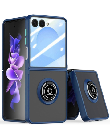 Galaxy Z Flip 7 Hard PC Rear / Soft TPU Colorful Border Case with I - ring Holder - NAVY BLUE (Only Ground Shipping)