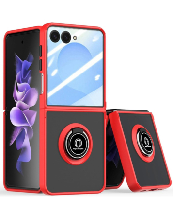 Galaxy Z Flip 7 Hard PC Rear / Soft TPU Colorful Border Case with I - ring Holder - RED (Only Ground Shipping)