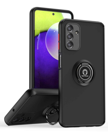 Galaxy A03s Hard PC Rear / Soft TPU Colorful Border Case with I-ring Holder - BLACK (Only Ground Shipping)