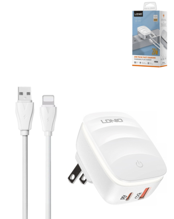 LDNIO A2425C QC3.0+PD Lamp USB A+C Wall Charger with USB A-L Non-MFI Cable (3ft) (20W) (Only Ground Shipping)