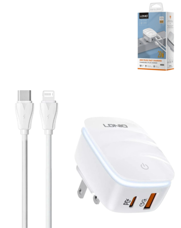 LDNIO A2425C QC3.0+PD Lamp USB A+C Wall Charger with USB C-L Non-MFI Cable (3ft) (20W) (Only Ground Shipping)