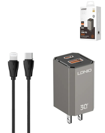 LDNIO A2527C Foldable US Plug Fast Charger USB C-L (30W) (3ft) (Only Ground Shipping)
