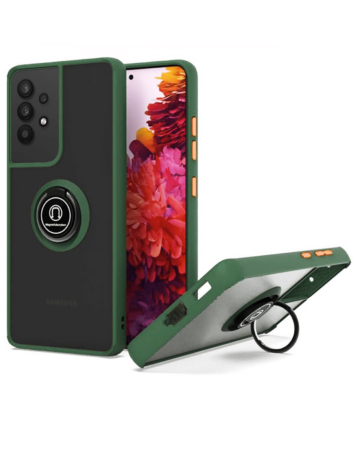 Galaxy A32 5G Hard PC Rear / Soft TPU Colorful Border Case with I - ring Holder - DARK GREEN (Only Ground Shipping)