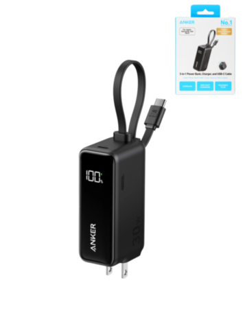 Anker Powercore Fusion Power Bank with Built-In USB-C Cable & Digital Display (5000 mAh / 30W) (BLACK) (Only Ground Shipping)