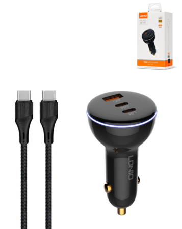 LDNIO C102 Dual USB A+C Car Charger with USB C-C Cable (GRAY) (3ft) (160W) (Only Ground Shipping)