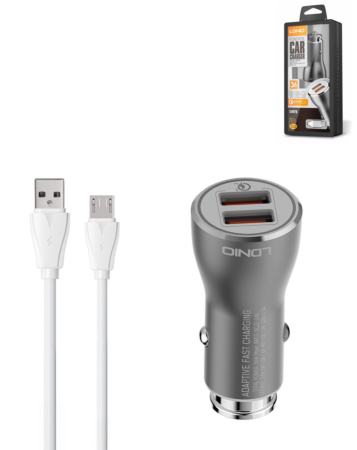 LDNIO C407Q QC3.0 Dual USB-A Car Charger with USB A-M Cable (3ft) (30W) (Only Ground Shipping)
