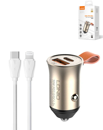 LDNIO C509Q PD QC4.0 Dual USB A+C Car Charger with USB C-L Non-MFI Cable (3ft) (18W) (Only Ground Shipping)