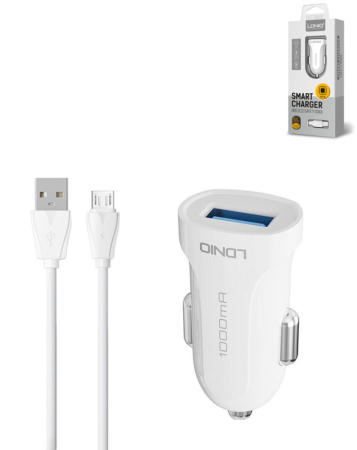 LDNIO C17 1A USB-A Car Charger with USB-M Cable (WHITE) (3ft) (24W) (Only Ground Shipping)