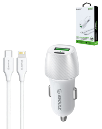 Esoulk USB C+A PD/QC Car Adapter with USB C-L Cable (3ft) (48W) (WHITE) (Only Ground Shipping)