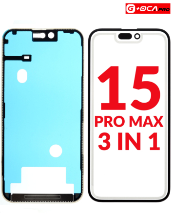 Grab the wholesale deals on the 3-in-1 front glass with frame and OCA in premium quality for iPhone 15 Pro Max, G Plus OCA Pro.