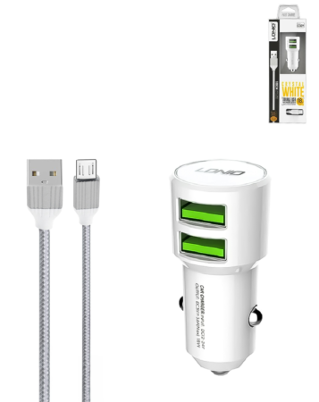 LDNIO C309 3.6A Dual USB-A Car Charger with USB A-M Cable (WHITE) (3ft) (18W) (Only Ground Shipping)