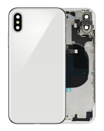 Shop the Back Housing Frame with small components pre-installed for iPhone X, Silver, with no logo.

