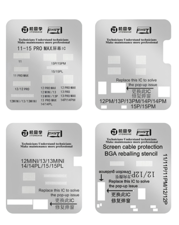 Stock up on the Fixst & JITONGXUE LCD Screen IC Flex Cable Protection Stencil Set for iPhone 11 to 15 Pro Max.