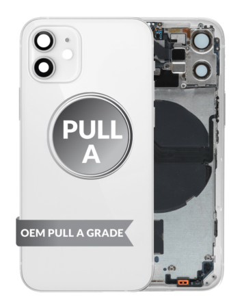 Stock up on the Back Housing Frame White OEM Pull A Grade with Small Components Pre-Installed for iPhone 12 Mini.

