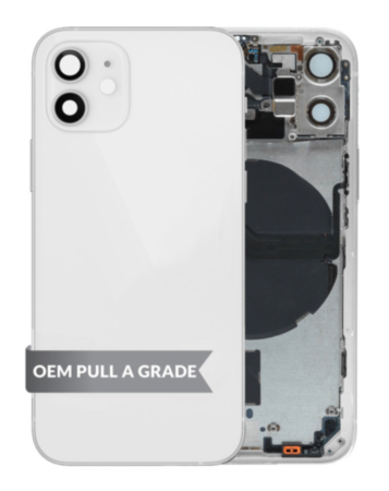 Stock up on the Back Housing Frame White OEM Pull A Grade with Small Components Pre-Installed for iPhone 12 Mini.
