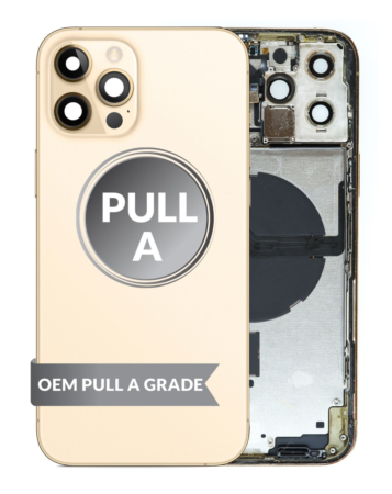 Order the Back Housing Frame with Small Components Pre-Installed for iPhone 12 Pro Max GOLD OEM Pull A Grade.






