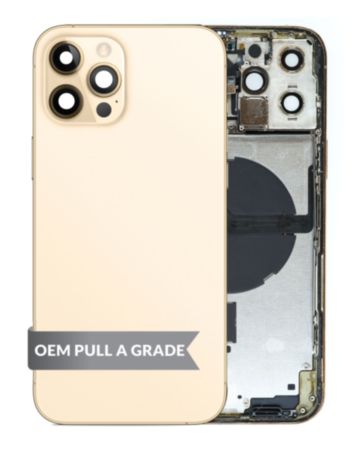 Order the Back Housing Frame with Small Components Pre-Installed for iPhone 12 Pro Max GOLD OEM Pull A Grade.
