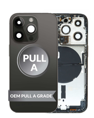 Purchase the housing frame with small parts pre-installed for iPhone 14 Pro in Black, International version, OEM pull A grade.