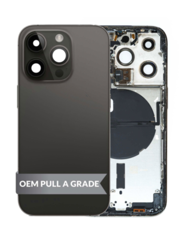 Purchase the housing frame with small parts pre-installed for iPhone 14 Pro in Black, International version, OEM pull A grade.