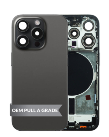 Back Housing Frame (BLACK TITANIUM) (US Version) (OEM Pull A Grade) with Small Components Pre-Installed for iPhone 15 Pro