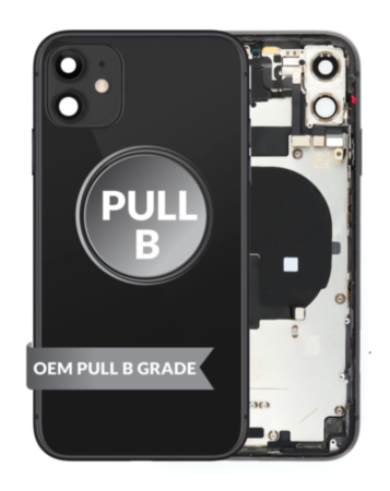 Order the iPhone 11 back housing frame with small components pre-installed in black, OEM pull B grade.

