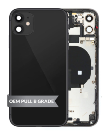 Order the iPhone 11 back housing frame with small components pre-installed in black, OEM pull B grade.
