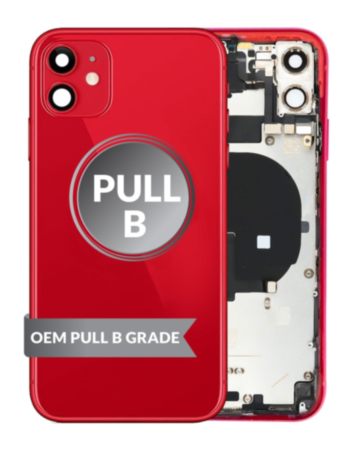 Stock up on the iPhone 11 back housing frame with small components pre-installed in red, OEM pull B grade.
