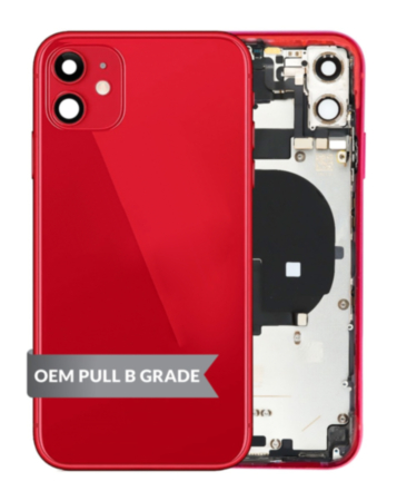 Stock up on the iPhone 11 back housing frame with small components pre-installed in red, OEM pull B grade.
