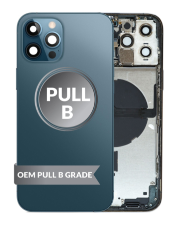 Stock up on the Back Housing Frame PACIFIC BLUE OEM Pull B Grade with Small Components Pre-Installed for iPhone 12 Pro Max.






