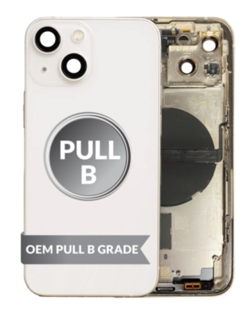 Buy the Back Housing Frame STARLIGHT US Version OEM Pull B Grade with Small Components Pre-Installed for iPhone 13.

