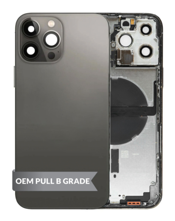 Stock up on the Back Housing Frame GRAPHITE US Version OEM Pull B Grade with Small Components Pre-Installed for iPhone 13 Pro Max.
