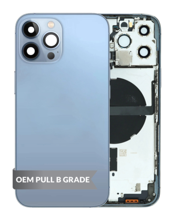 Stock up on the Housing Frame with Small Parts Pre-Installed for iPhone 13 Pro Max BLUE International OEM Pull B Grade.
