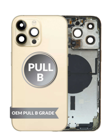 Shop the back housing frame in Gold, US version, OEM Pull B Grade, with small components pre-installed for iPhone 14 Pro Max.