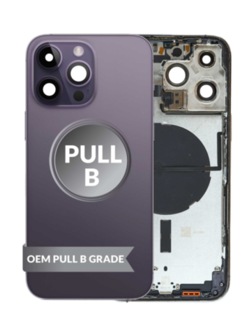 Order the back housing frame in Deep Purple, US version, OEM Pull B Grade, with small components pre-installed for iPhone 14 Pro Max.