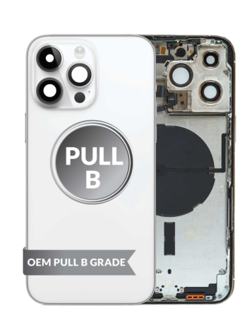 Purchase the back housing frame in Silver, US version, OEM Pull B Grade, with small components pre-installed for iPhone 14 Pro Max.









