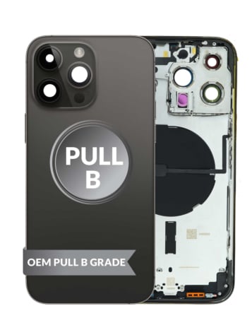 Grab the wholesale deals on the housing frame in Space Black, International version, OEM Pull B Grade, with small parts pre-installed for iPhone 14 Pro Max.