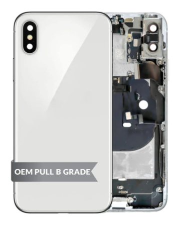 Grab the wholesale deals on the Back Housing Frame with small components pre-installed for iPhone X, Silver, OEM Pull B Grade.

