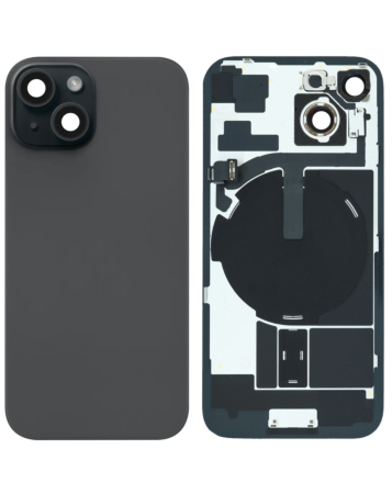 Buy the Back Glass in black, OEM Pull B Grade, with frame, wireless NFC charging flex, and MagSafe magnet for iPhone 15.
