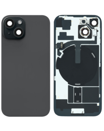 Purchase the back glass in black, OEM pull A grade, with frame, wireless NFC charging flex, and MagSafe magnet for iPhone 15.